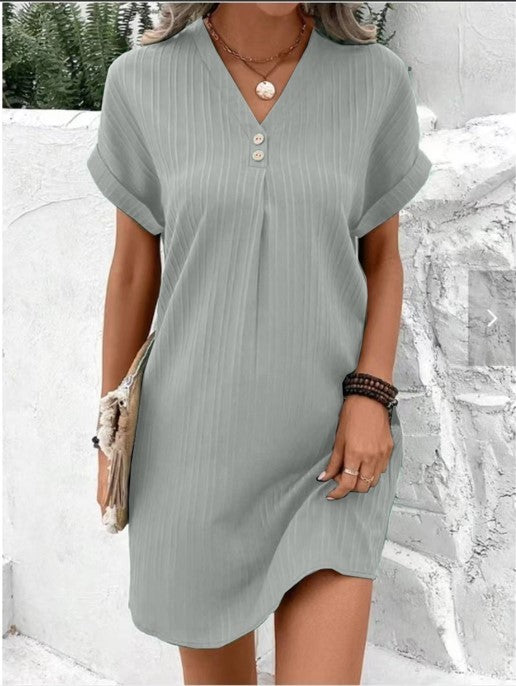 Fashion V-neck Short-sleeved Dress Casual Solid Strip Button Dresses Womens Clothing