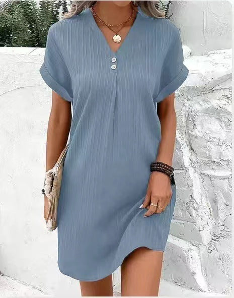 Fashion V-neck Short-sleeved Dress Casual Solid Strip Button Dresses Womens Clothing