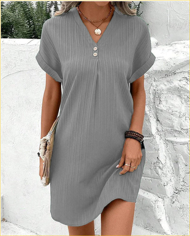 Fashion V-neck Short-sleeved Dress Casual Solid Strip Button Dresses Womens Clothing