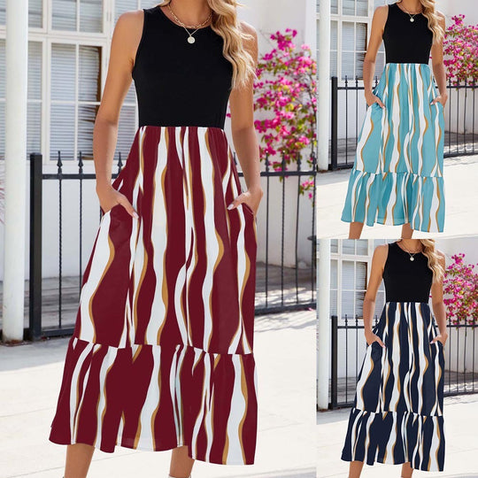 Round Neck Sleeveless Long Dress Summer Fashion Striped Print Dresses Womens Clothing