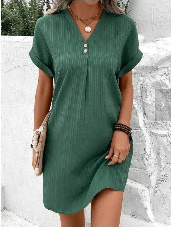 Fashion V-neck Short-sleeved Dress Casual Solid Strip Button Dresses Womens Clothing