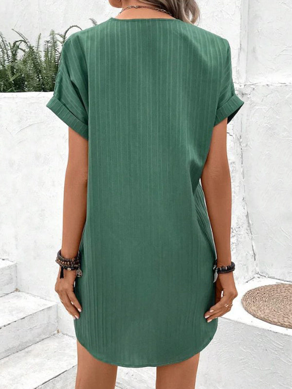 Fashion V-neck Short-sleeved Dress Casual Solid Strip Button Dresses Womens Clothing