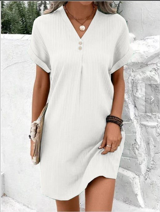 Fashion V-neck Short-sleeved Dress Casual Solid Strip Button Dresses Womens Clothing